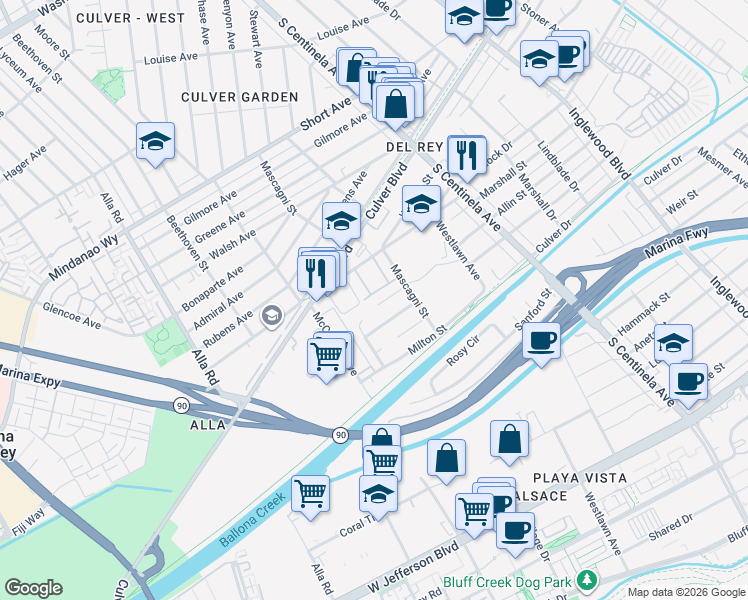 map of restaurants, bars, coffee shops, grocery stores, and more near 12563 Allin Street in Los Angeles