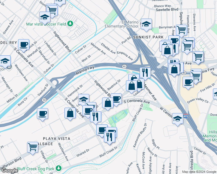 map of restaurants, bars, coffee shops, grocery stores, and more near 11947 Beatrice Street in Culver City