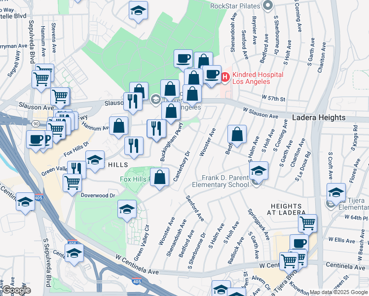 map of restaurants, bars, coffee shops, grocery stores, and more near 5625 Windsor Way in Culver City