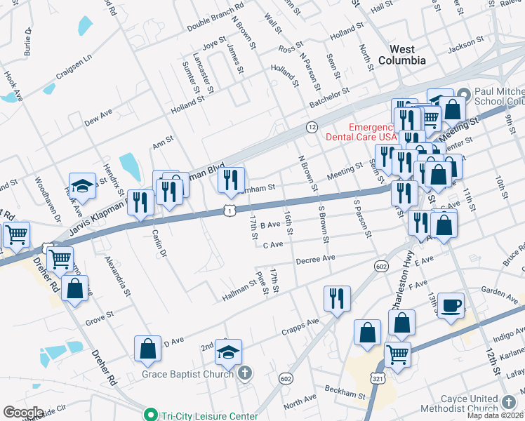 map of restaurants, bars, coffee shops, grocery stores, and more near 1731 Augusta Road in West Columbia