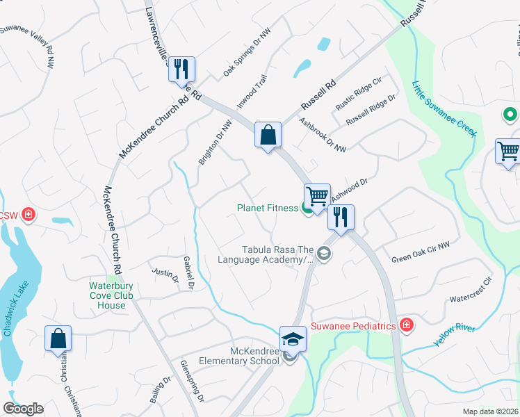 map of restaurants, bars, coffee shops, grocery stores, and more near 1455 Claredon Drive Northwest in Lawrenceville