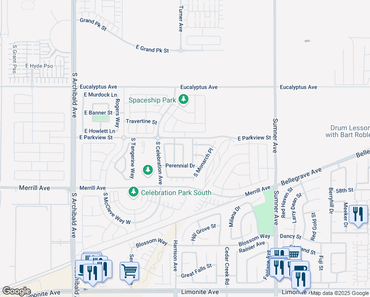 map of restaurants, bars, coffee shops, grocery stores, and more near 4815 South Pastel Lane in Ontario