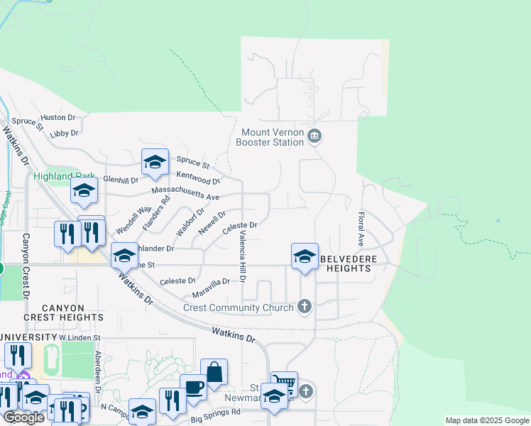 map of restaurants, bars, coffee shops, grocery stores, and more near 245 Celeste Dr in Riverside
