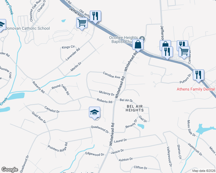 map of restaurants, bars, coffee shops, grocery stores, and more near 145 Lillian Drive in Athens