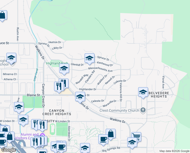 map of restaurants, bars, coffee shops, grocery stores, and more near 485 Alta Mesa Drive in Riverside