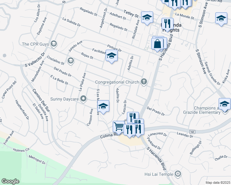 map of restaurants, bars, coffee shops, grocery stores, and more near 2905 Adelita Drive in Hacienda Heights