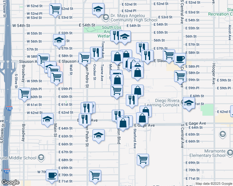 map of restaurants, bars, coffee shops, grocery stores, and more near 511 East 60th Street in Los Angeles