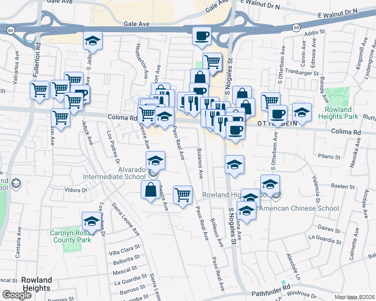 map of restaurants, bars, coffee shops, grocery stores, and more near 18818 Pilario Street in Rowland Heights