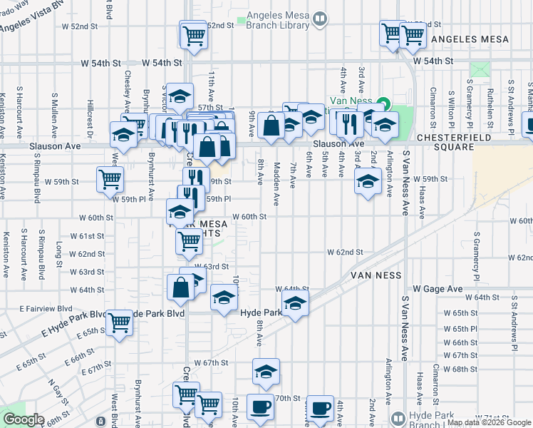 map of restaurants, bars, coffee shops, grocery stores, and more near 3027 West 60th Street in Los Angeles