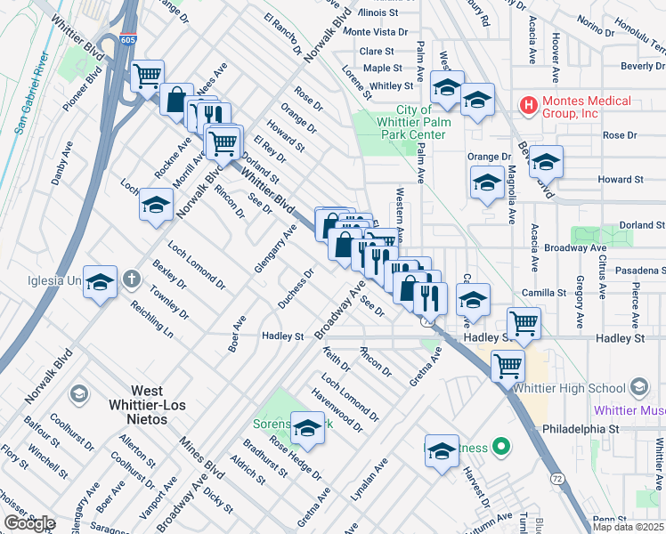 map of restaurants, bars, coffee shops, grocery stores, and more near 11219 See Drive in Whittier