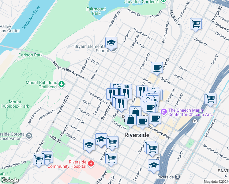 map of restaurants, bars, coffee shops, grocery stores, and more near 4121 Mission Inn Avenue in Riverside