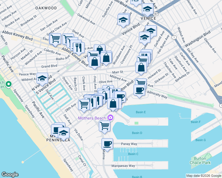map of restaurants, bars, coffee shops, grocery stores, and more near 2433 Wilson Avenue in Los Angeles