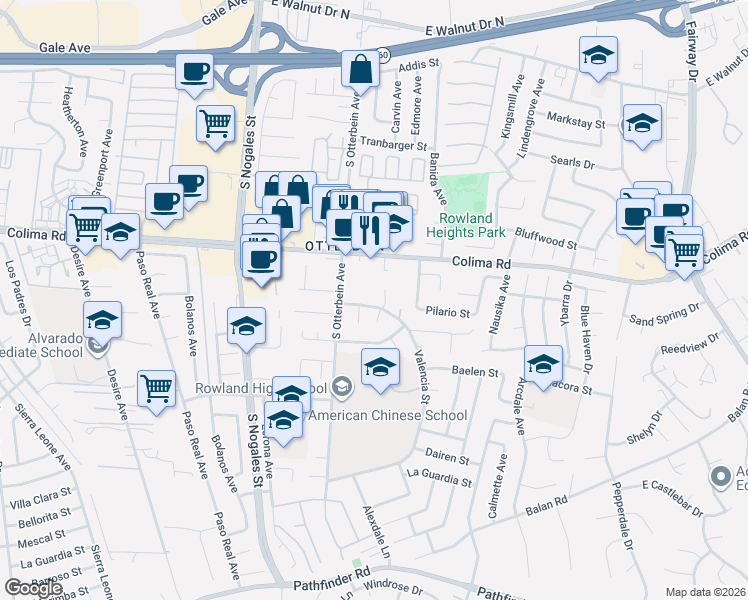 map of restaurants, bars, coffee shops, grocery stores, and more near 1842 Valencia Street in Rowland Heights