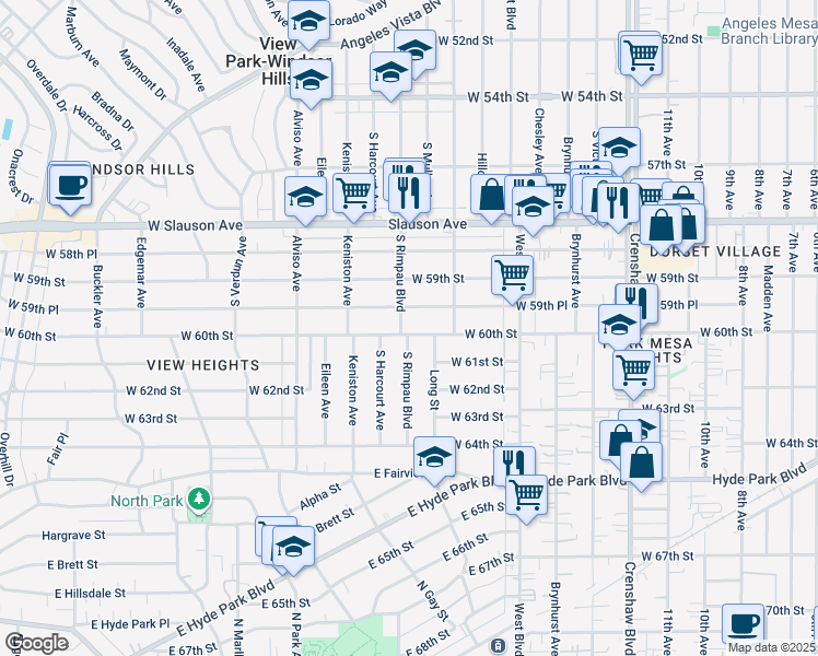 map of restaurants, bars, coffee shops, grocery stores, and more near 3751 West 60th Street in Los Angeles