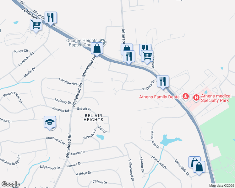 map of restaurants, bars, coffee shops, grocery stores, and more near 227 Putters Drive in Athens