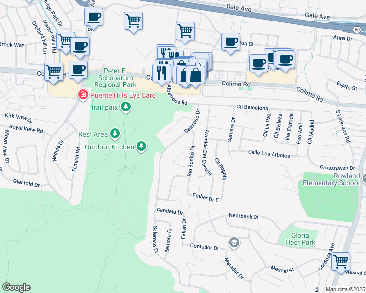 map of restaurants, bars, coffee shops, grocery stores, and more near 17579 Marengo Drive in Rowland Heights