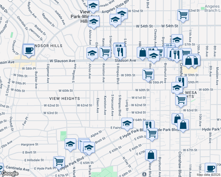 map of restaurants, bars, coffee shops, grocery stores, and more near 3831 West 60th Street in Los Angeles