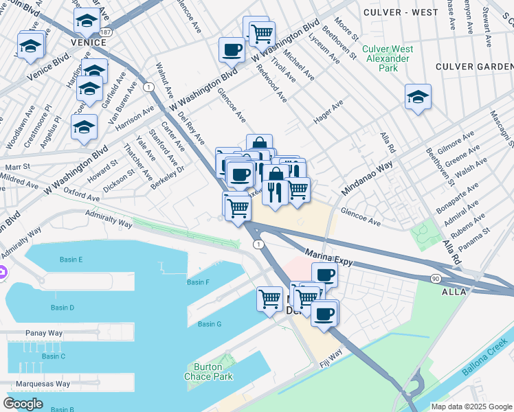 map of restaurants, bars, coffee shops, grocery stores, and more near 13488 Maxella Avenue in Marina del Rey