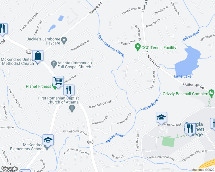 map of restaurants, bars, coffee shops, grocery stores, and more near 1620 Green Oak Circle Northwest in Lawrenceville