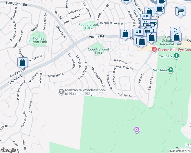 map of restaurants, bars, coffee shops, grocery stores, and more near 2381 Mountain Brook Drive in Hacienda Heights