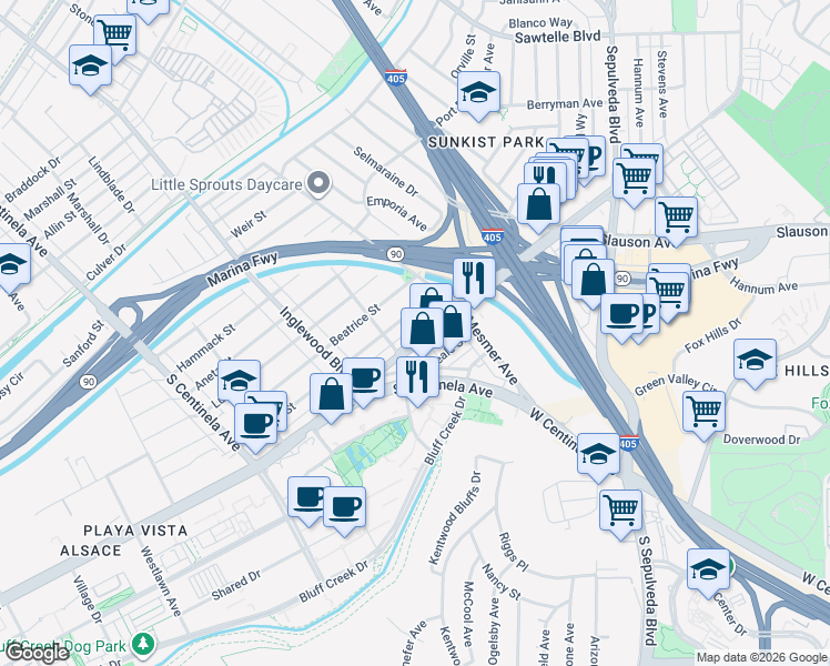 map of restaurants, bars, coffee shops, grocery stores, and more near 11857 Jefferson Boulevard in Culver City