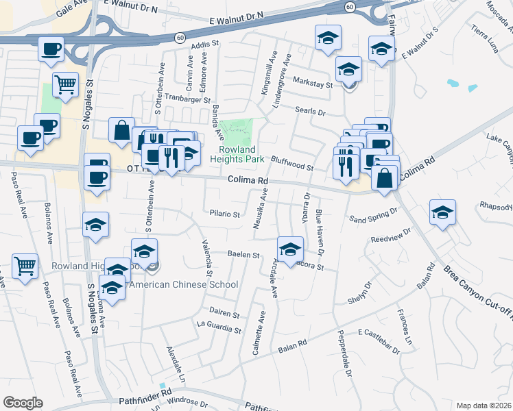 map of restaurants, bars, coffee shops, grocery stores, and more near 1807 Nausika Avenue in Rowland Heights