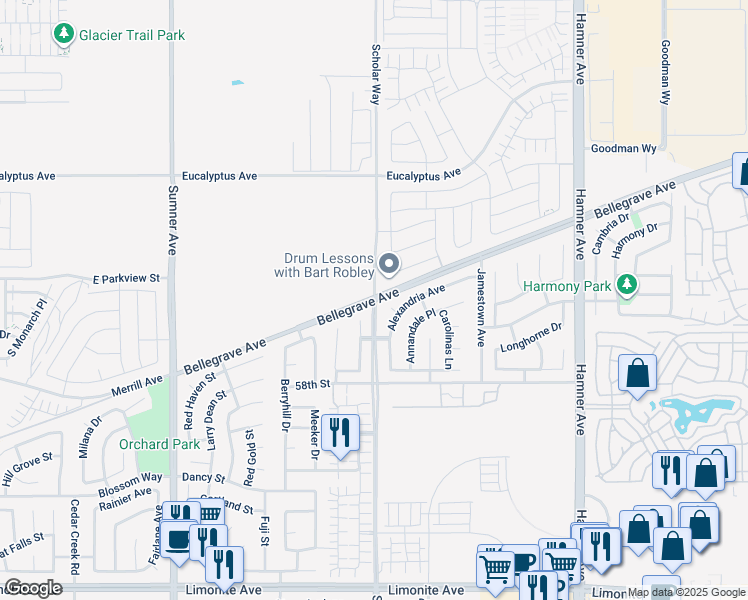 map of restaurants, bars, coffee shops, grocery stores, and more near County Boundary in Corona