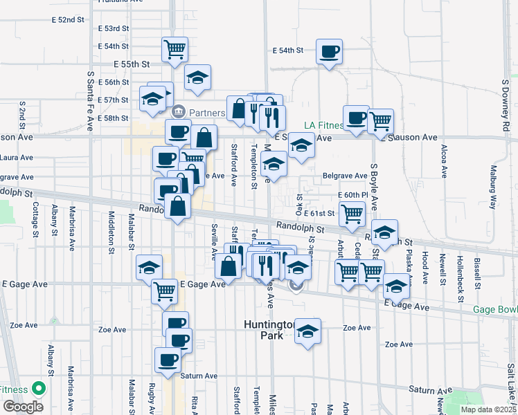 map of restaurants, bars, coffee shops, grocery stores, and more near 6056 Templeton Street in Huntington Park