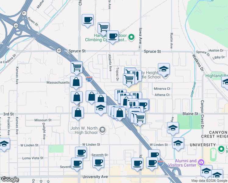 map of restaurants, bars, coffee shops, grocery stores, and more near 56 Round Table Drive in Riverside