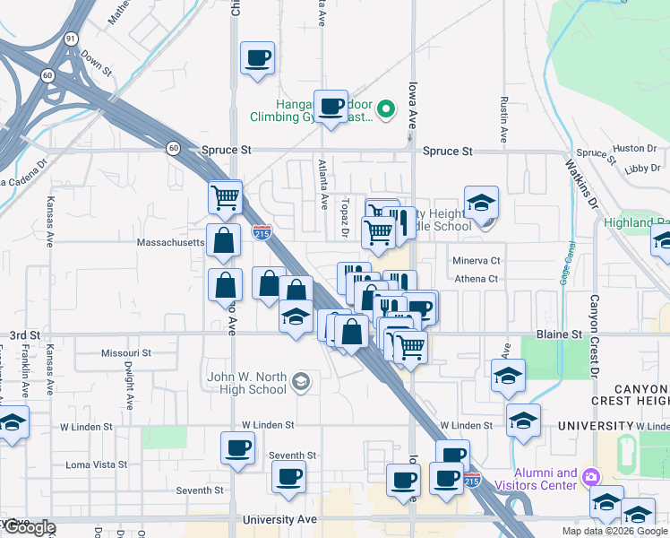 map of restaurants, bars, coffee shops, grocery stores, and more near in Riverside