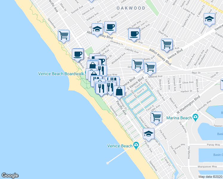 map of restaurants, bars, coffee shops, grocery stores, and more near 2000 Pacific Avenue in Los Angeles