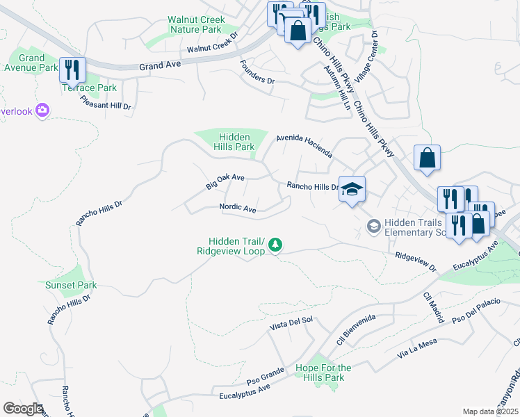 map of restaurants, bars, coffee shops, grocery stores, and more near 14729 Silver Spur Court in Chino Hills