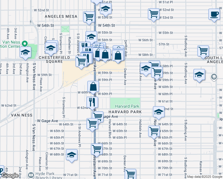 map of restaurants, bars, coffee shops, grocery stores, and more near 6008 Harvard Boulevard in Los Angeles