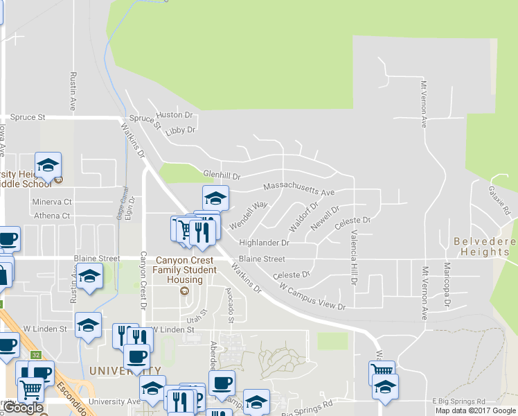 map of restaurants, bars, coffee shops, grocery stores, and more near 2998 Wendell Way in Riverside