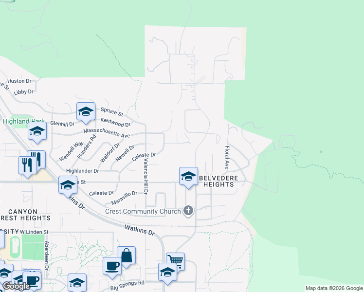 map of restaurants, bars, coffee shops, grocery stores, and more near 182 Deborah Court in Riverside