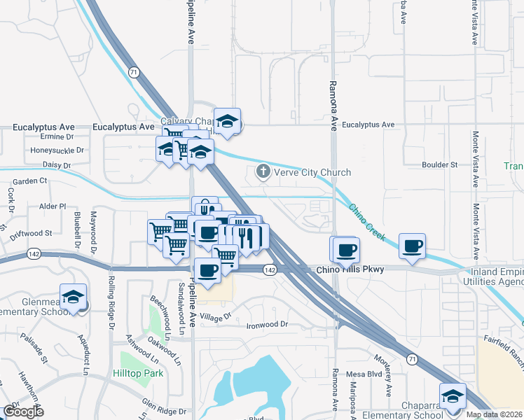 map of restaurants, bars, coffee shops, grocery stores, and more near 4325 Corporate Center Avenue in Chino