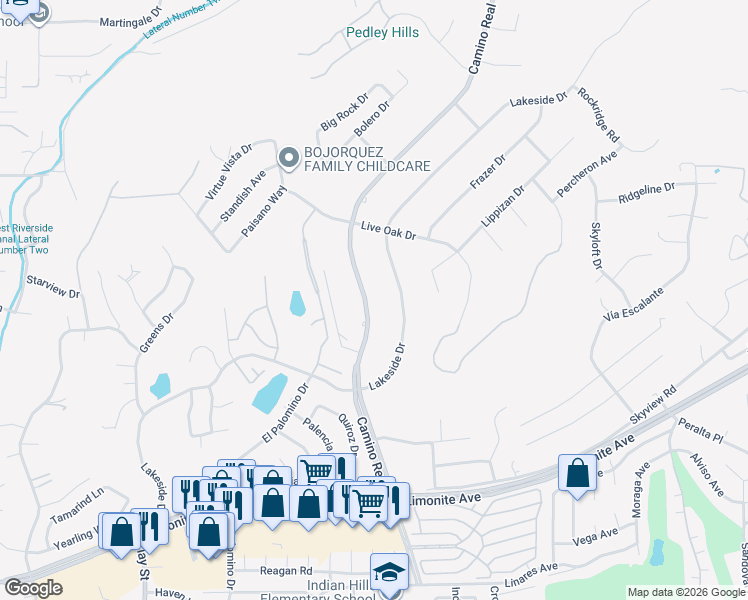 map of restaurants, bars, coffee shops, grocery stores, and more near 5670 Camino Real in Riverside