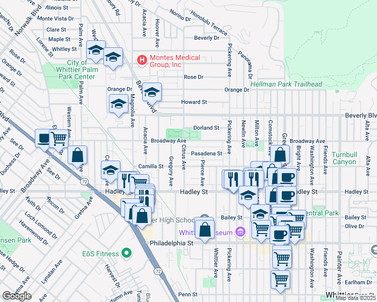 map of restaurants, bars, coffee shops, grocery stores, and more near 12309 Pasadena Street in Whittier