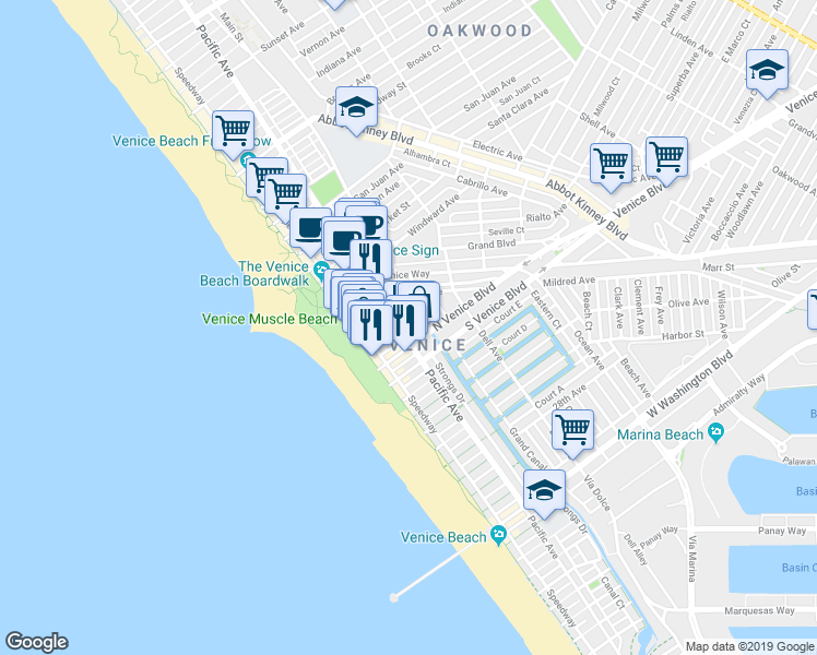 map of restaurants, bars, coffee shops, grocery stores, and more near 2000 Pacific Avenue in Los Angeles