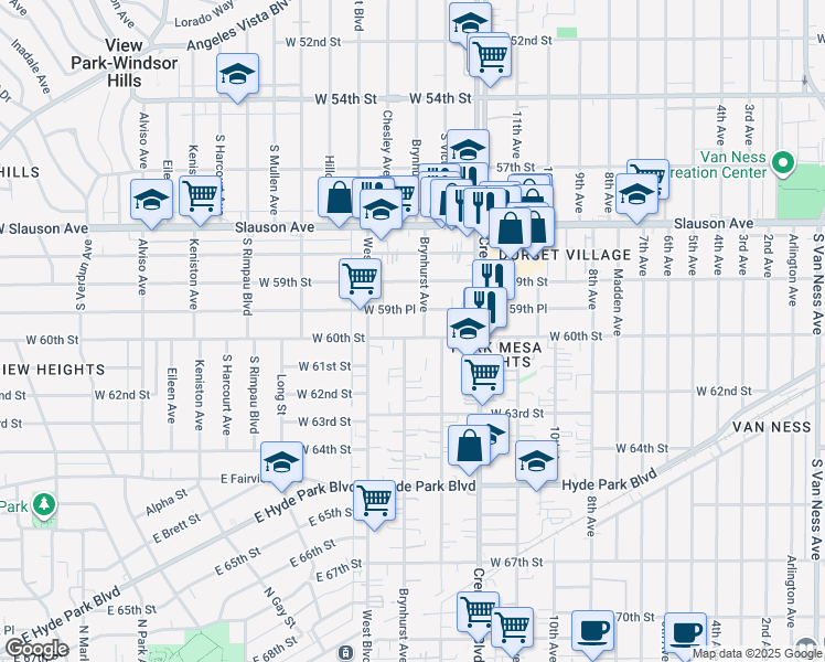 map of restaurants, bars, coffee shops, grocery stores, and more near 3511 West 60th Street in Los Angeles