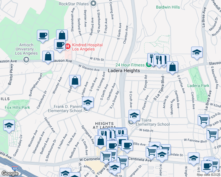 map of restaurants, bars, coffee shops, grocery stores, and more near 5905 Chariton Avenue in Los Angeles