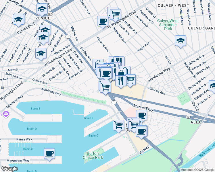 map of restaurants, bars, coffee shops, grocery stores, and more near 4300 Lincoln Boulevard in Marina del Rey