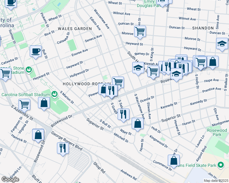 map of restaurants, bars, coffee shops, grocery stores, and more near 321 South Saluda Avenue in Columbia
