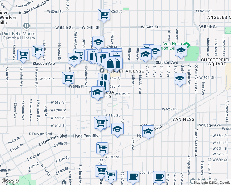 map of restaurants, bars, coffee shops, grocery stores, and more near 3335 West 60th Street in Los Angeles