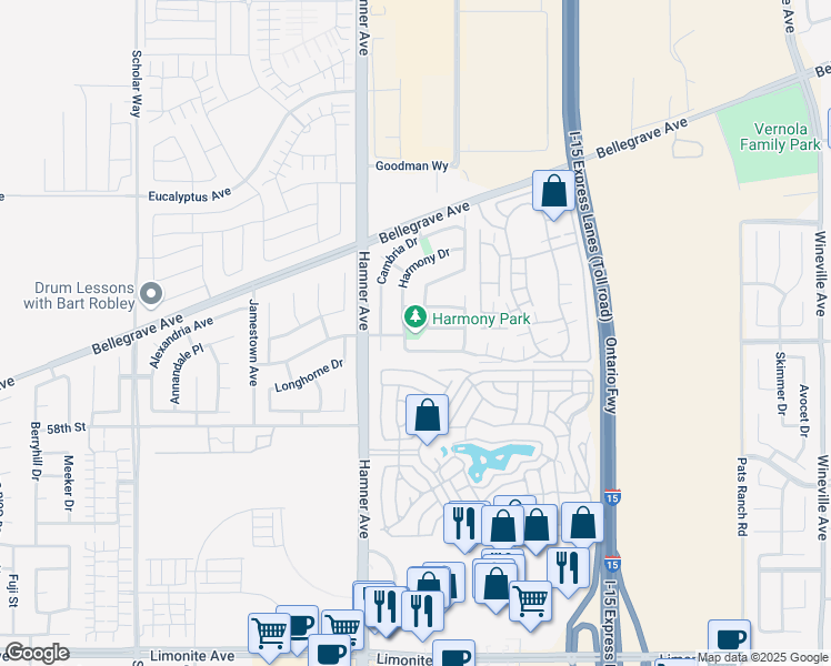 map of restaurants, bars, coffee shops, grocery stores, and more near 5641 Treasure Drive in Eastvale