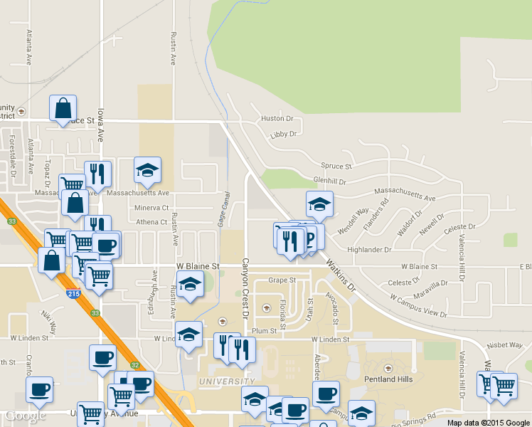 map of restaurants, bars, coffee shops, grocery stores, and more near 851 Prescott Way in Riverside