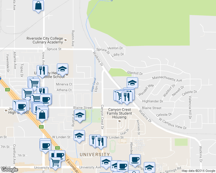 map of restaurants, bars, coffee shops, grocery stores, and more near 851 Prescott Way in Riverside