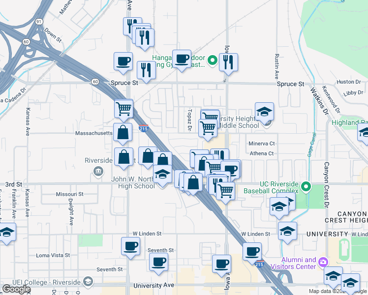 map of restaurants, bars, coffee shops, grocery stores, and more near 56 Round Table Drive in Riverside