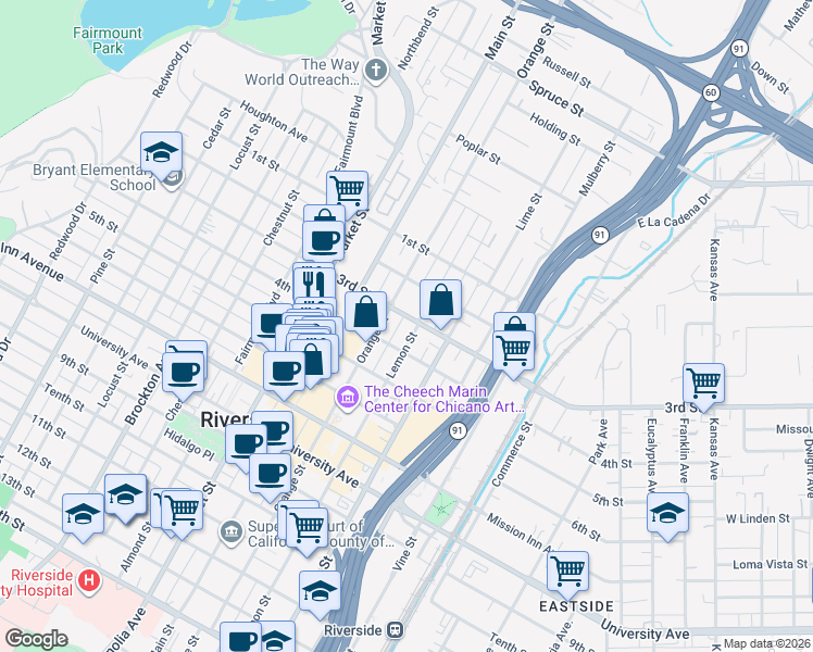 map of restaurants, bars, coffee shops, grocery stores, and more near 3492 3rd Street in Riverside