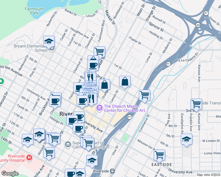 map of restaurants, bars, coffee shops, grocery stores, and more near 3370 Orange Street in Riverside
